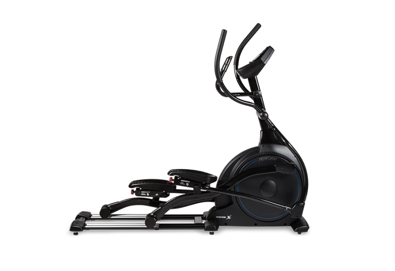 Zwarte Flow Fitness crosstrainer Perform X5i met front-drive en lange, elliptische slaglengte voor intensieve training.