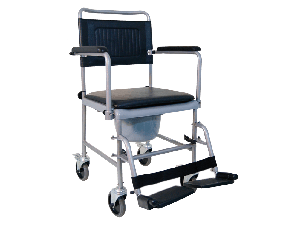 Mobiele toiletrolstoel Tjeerd TRS130 met afneembare zitting, emmer, zwenkwielen, remmen en verstelbare beensteunen.