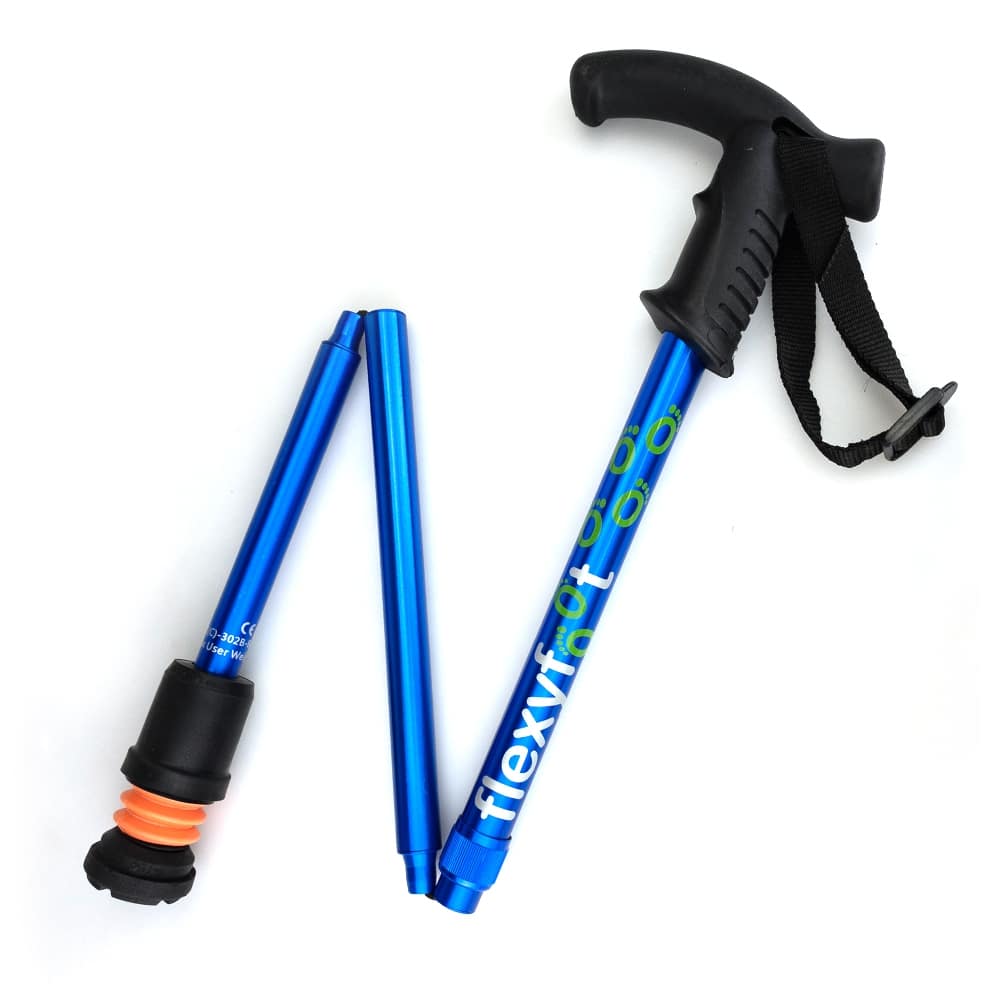 Opvouwbare wandelstok met kruk derby handvat en speciale flexy dop met flexibele onderkant in kleur blauw