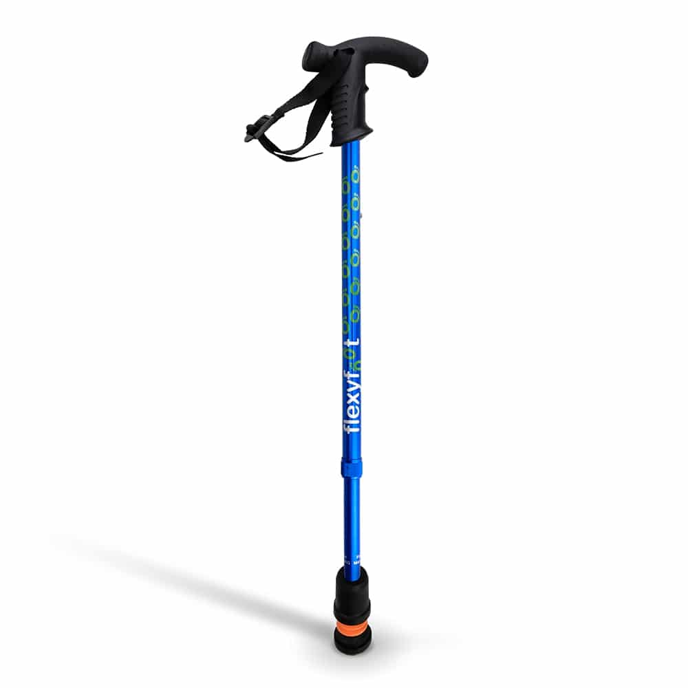 Wandelstok met derby handvat en speciale flexy dop met flexibele onderkant kleur blauw