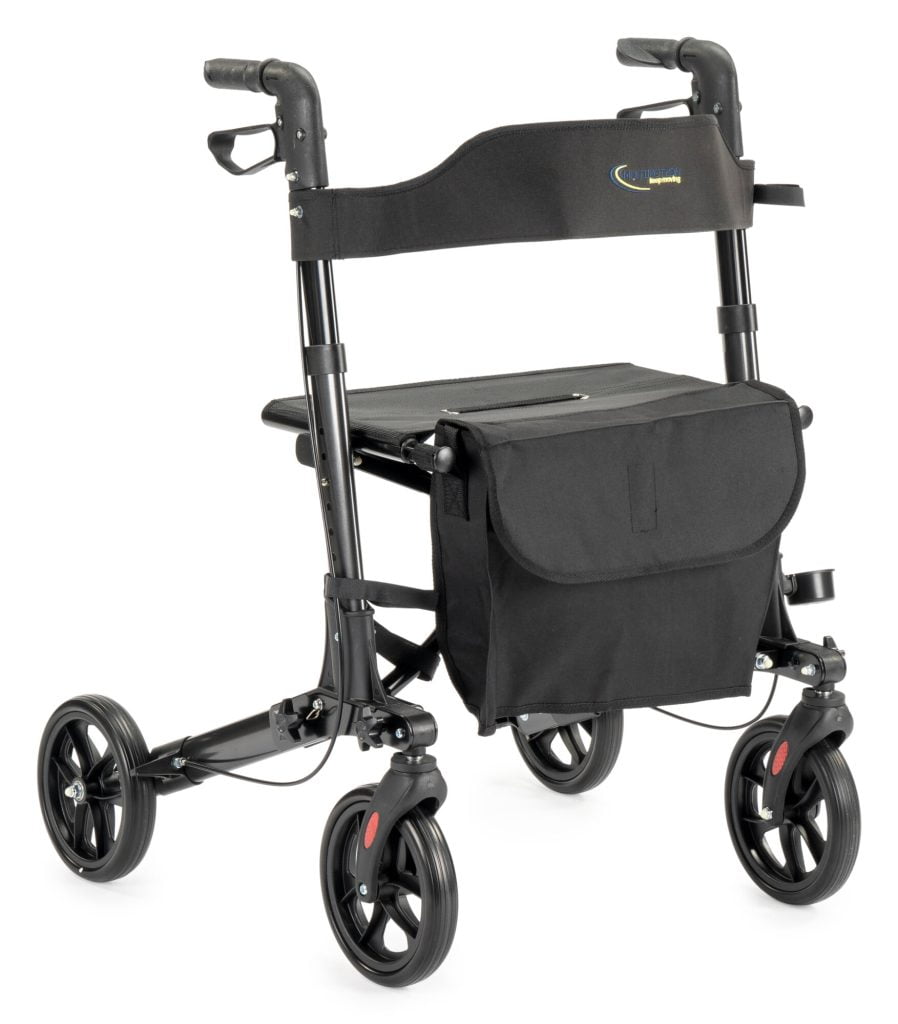 Antracietkleurige MultiMotion City rollator met zitting, rugband en voorvak, schuin van voren gezien