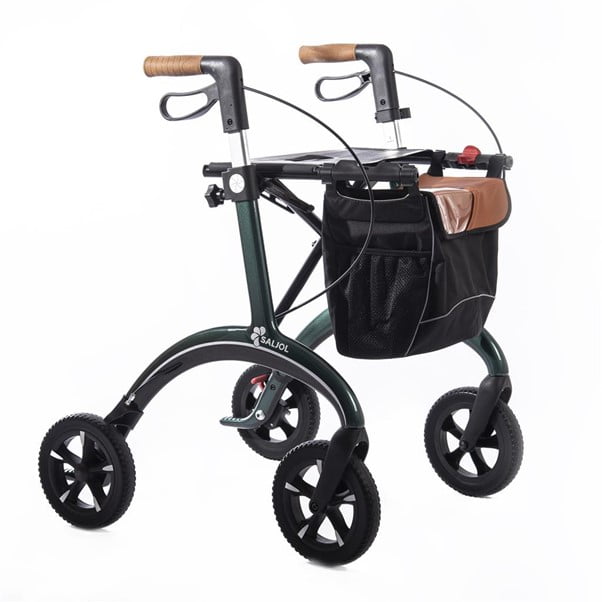 Groene Saljol Carbon rollator maat S van circa 5 kg met kurken handvatten, tas en zitvlak voor binnen- en buitengebruik.