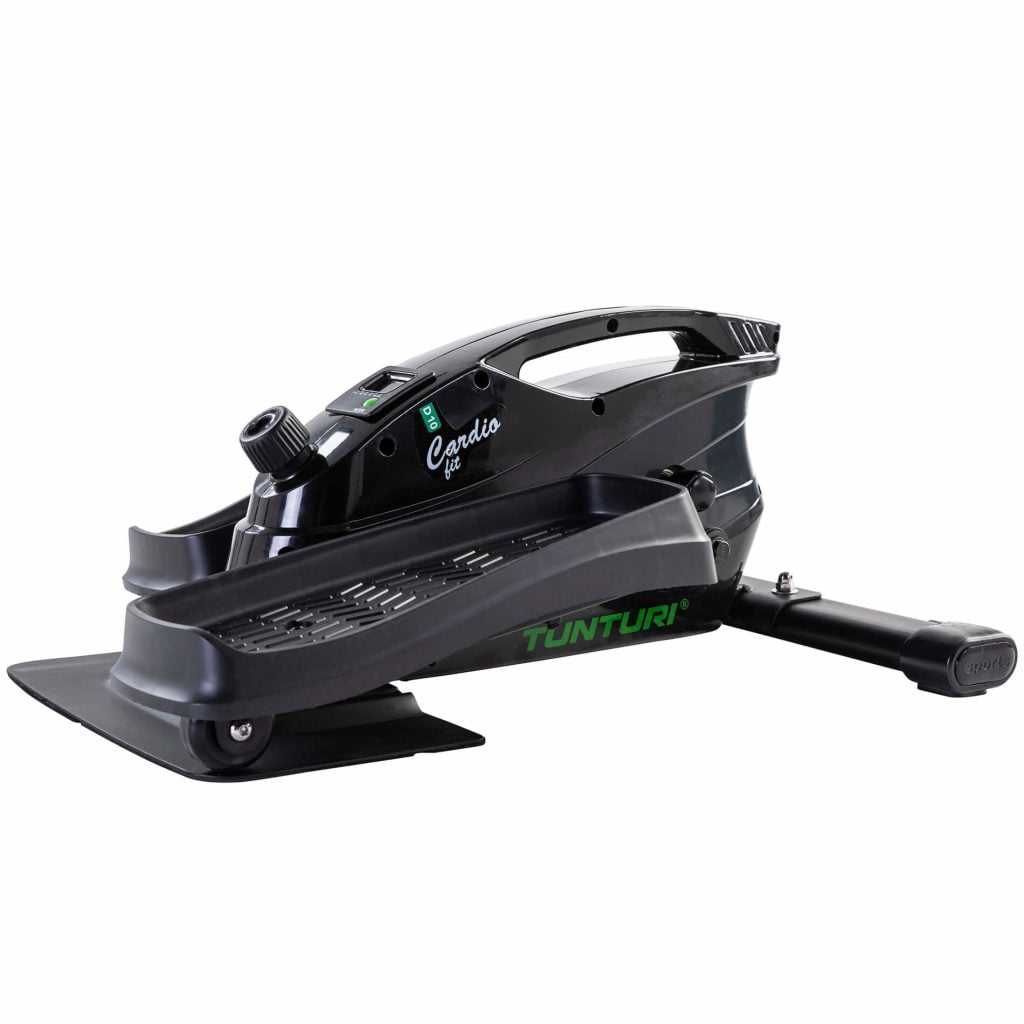 Tunturi D10 under desk bike bureaufiets in zwart met display en pedalen voor bewegingstraining onder het bureau.