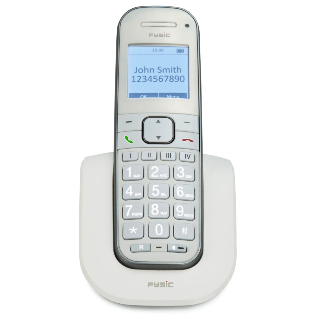 Fysic FX-9000 DECT telefoon in wit met grote verlichte toetsen en display, geschikt voor senioren en slechtzienden.