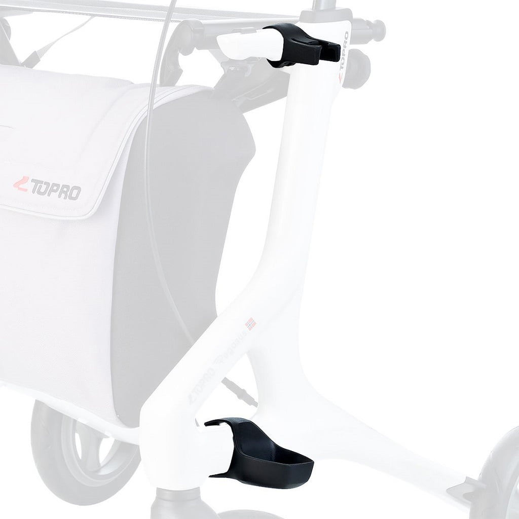 Stokhouder rollator Topro Pegasus, zwarte houder gemonteerd aan wit frame voor het veilig meenemen van een wandelstok.