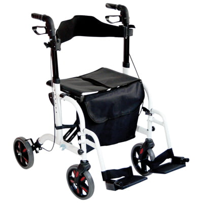 Witte Aidapt Duo DeLuxe rollator en rolstoel in één met zitting, rugband, voetsteunen en opbergtas.