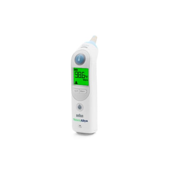 Braun Welch Allyn ThermoScan PRO 6000 oorthermometer met groen verlicht display voor snelle, nauwkeurige meting bij baby en volwassene.