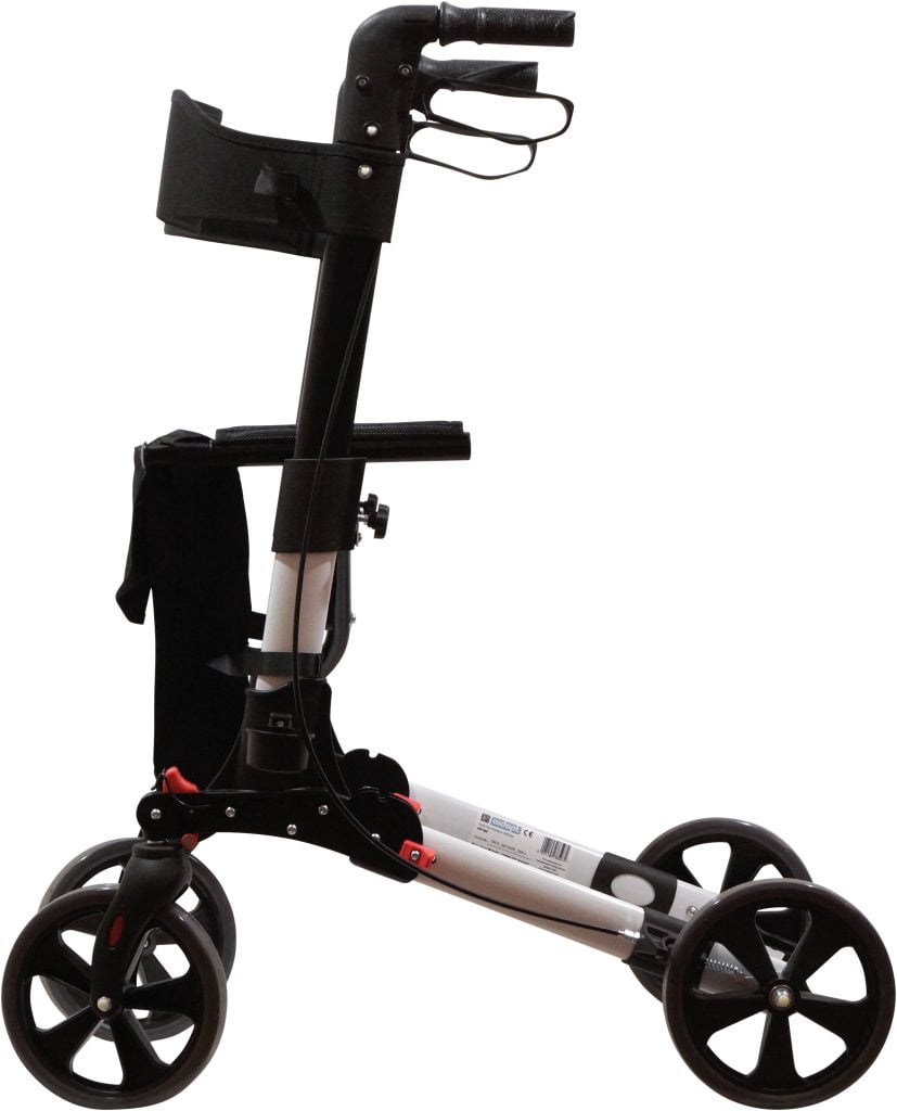Aidapt lichtgewicht rollator Fold Flat VP185, volledig inklapbaar met grote wielen en boodschappenmand, zijaanzicht.
