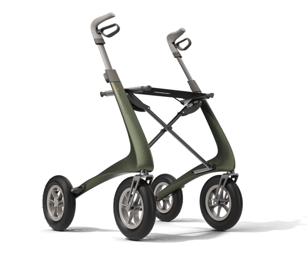 Groene Rollator Carbon Overland met grote luchtbanden en ergonomische handgrepen, lichtgewicht outdoor design.