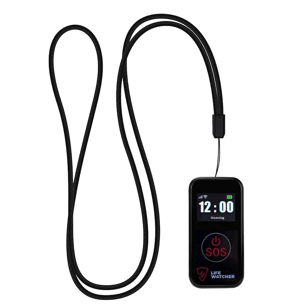 LifeWatcher SOS button personenalarm met halskoord en grote rode noodknop voor ouderen.