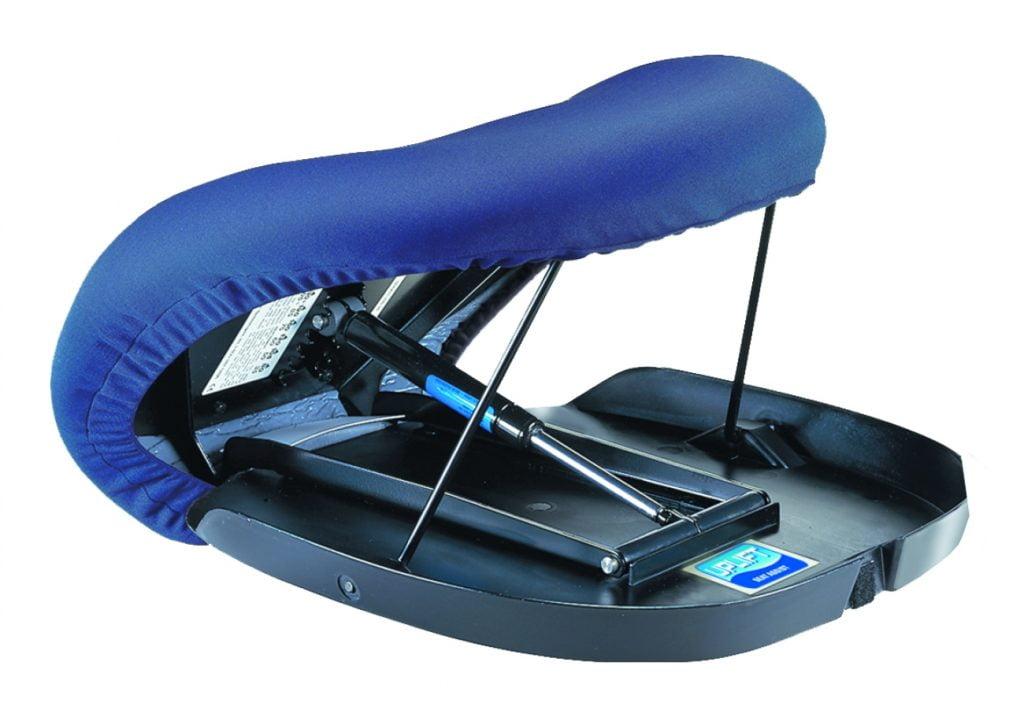 Sta-op hulp UpEasy kussen in standaard uitvoering met gasveermechanisme en blauw zitkussen voor opstaan uit stoel tot 100 kg.