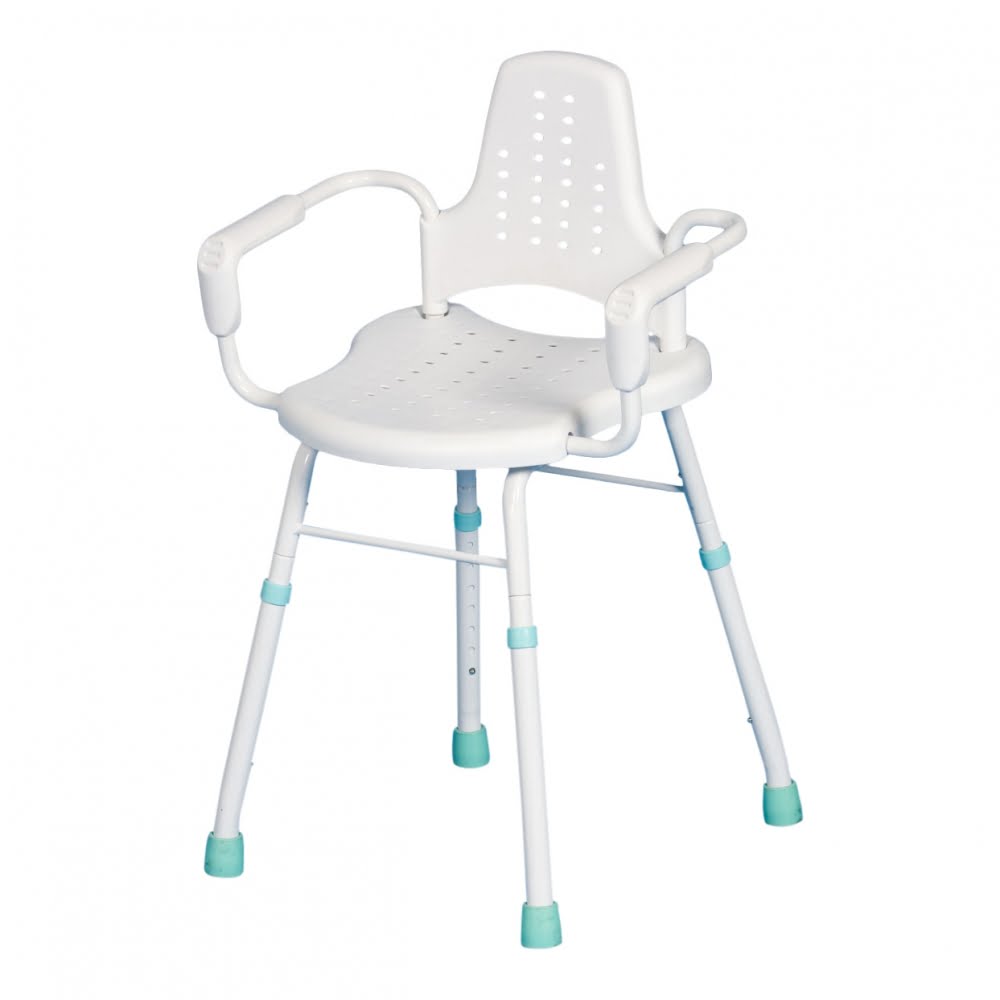 Witte Atlantis zitkruk met schuine zitting, armleuningen en in hoogte verstelbare poten voor stabiel zitten.