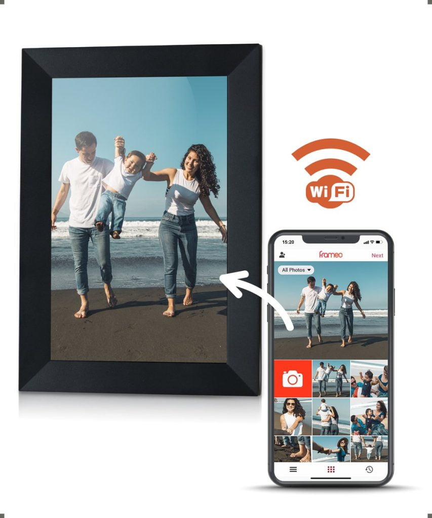 Digitaal fotolijst 10,1 inch zwart met WiFi, gekoppeld aan smartphone via Frameo app om familiefoto’s te delen.