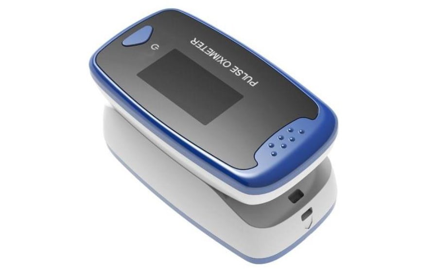 Blauw-grijze vingerclip saturatiemeter Contec Medical Systems CMS50D2-1 voor meting zuurstofgehalte en hartslag.