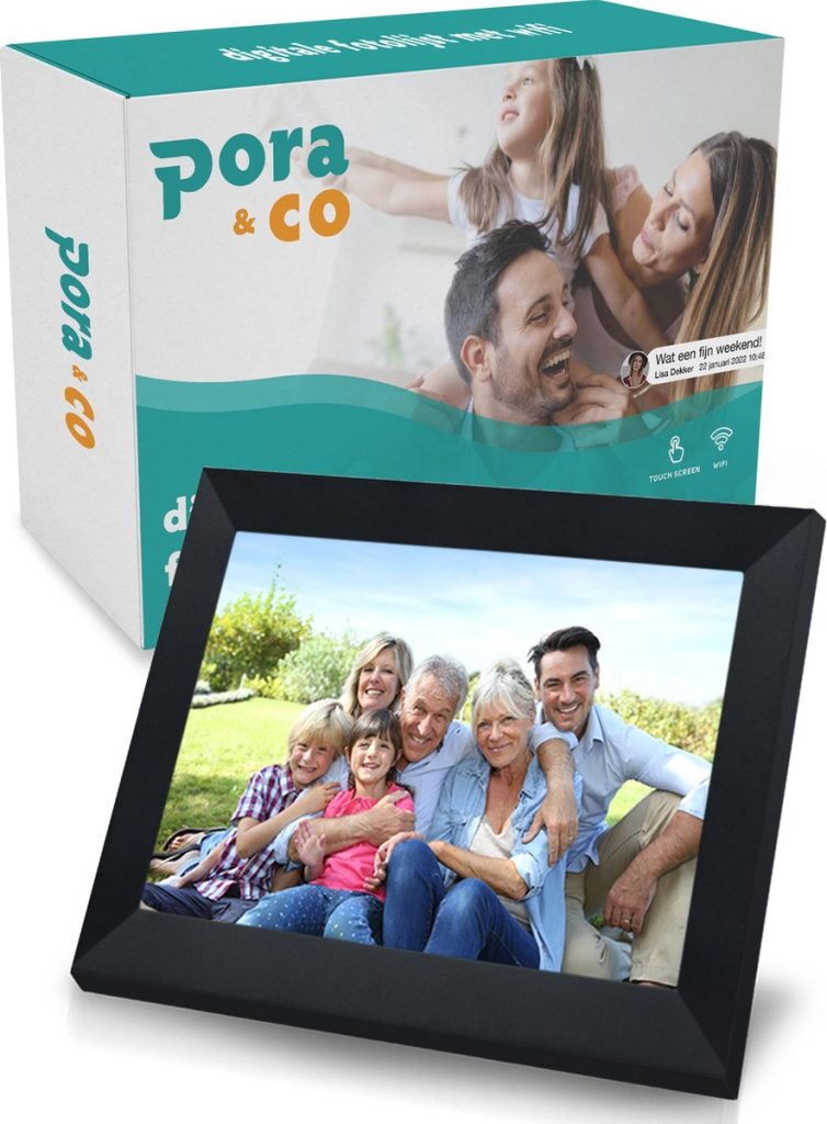 Digitaal fotolijst 15,6 inch zwart Pora & Co met familiefoto, wifi en touchscreen functie voor eenvoudig delen van herinneringen.