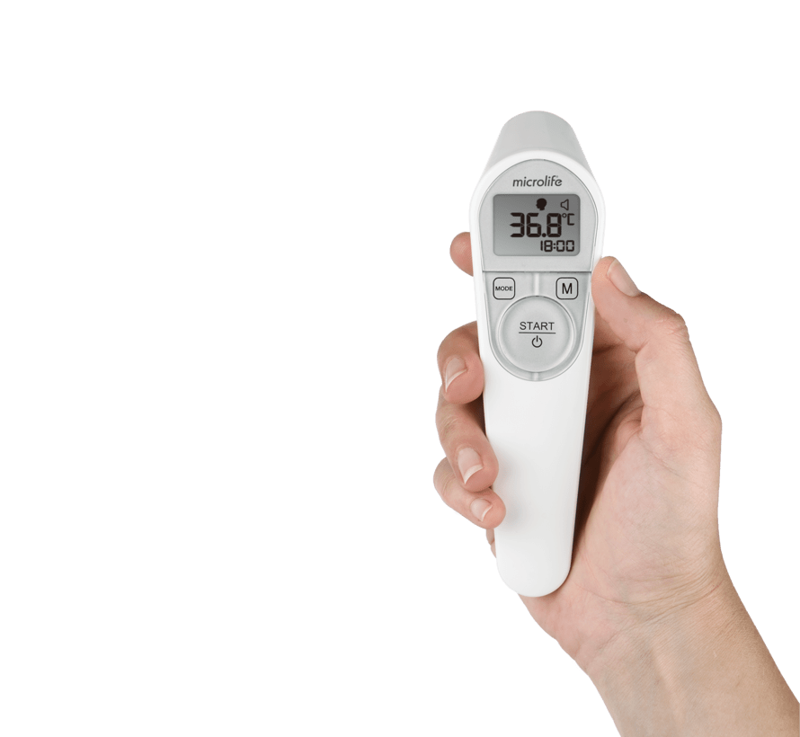 Voorhoofdthermometer Microlife NC 200 contactloze infrarood koortsthermometer in hand met verlicht display 36,8°C.