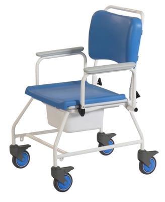 XL douche-toilet-rolstoel met extra brede blauwe zitting, rugleuning en 4 geremde 5" wielen, geschikt voor 225 kg.