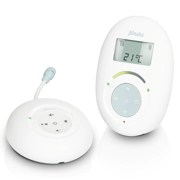 Alecto DBX120 Full Eco DECT babyfoon met display, ouderunit met temperatuurweergave en ronde babyunit in wit.