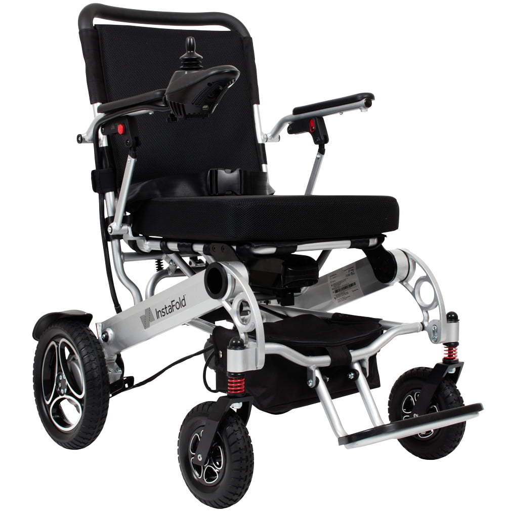 Elektrische rolstoel Instafold zilvergrijs met joystickbediening, lichtgewicht opvouwbaar model voor binnen en buiten.