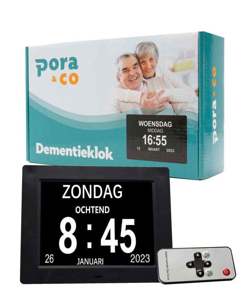 Dementieklok 7 inch met groot digitaal display, datum en dagdeelweergave, inclusief afstandsbediening en Pora & CO verpakking.
