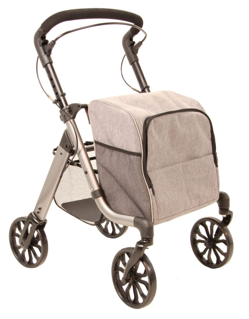 Rollator Alino lichtgewicht aluminium met grijze koeltas en nettas, geschikt voor 10 kg gekoelde boodschappen.