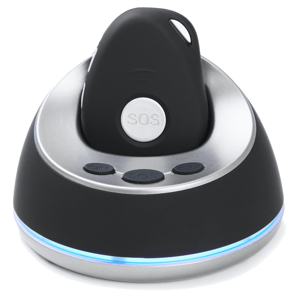 LifeWatcher SOS button PRO alarmsysteem in zwart met zilveren laadstation en grote centrale SOS-knop.