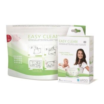 Magnetron reinigingszak Easy Clean van Ardo voor sterilisatie van babyfles en borstkolf accessoires, verpakkingsfoto met gebruiksillustraties.