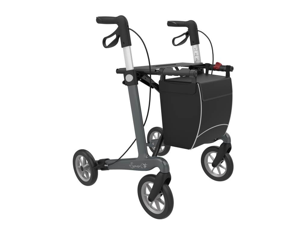 Rehasense Server CF carbon rollator antracietgrijs met grote zachte wielen en afgesloten boodschappentas.