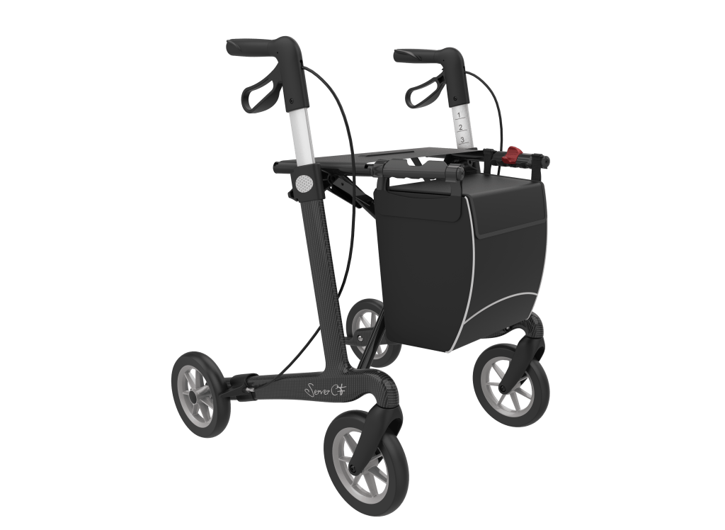 Rehasense Server CF Carbon rollator zwart met zachte wielen, verstelbare handgrepen en ruime gesloten boodschappentas.