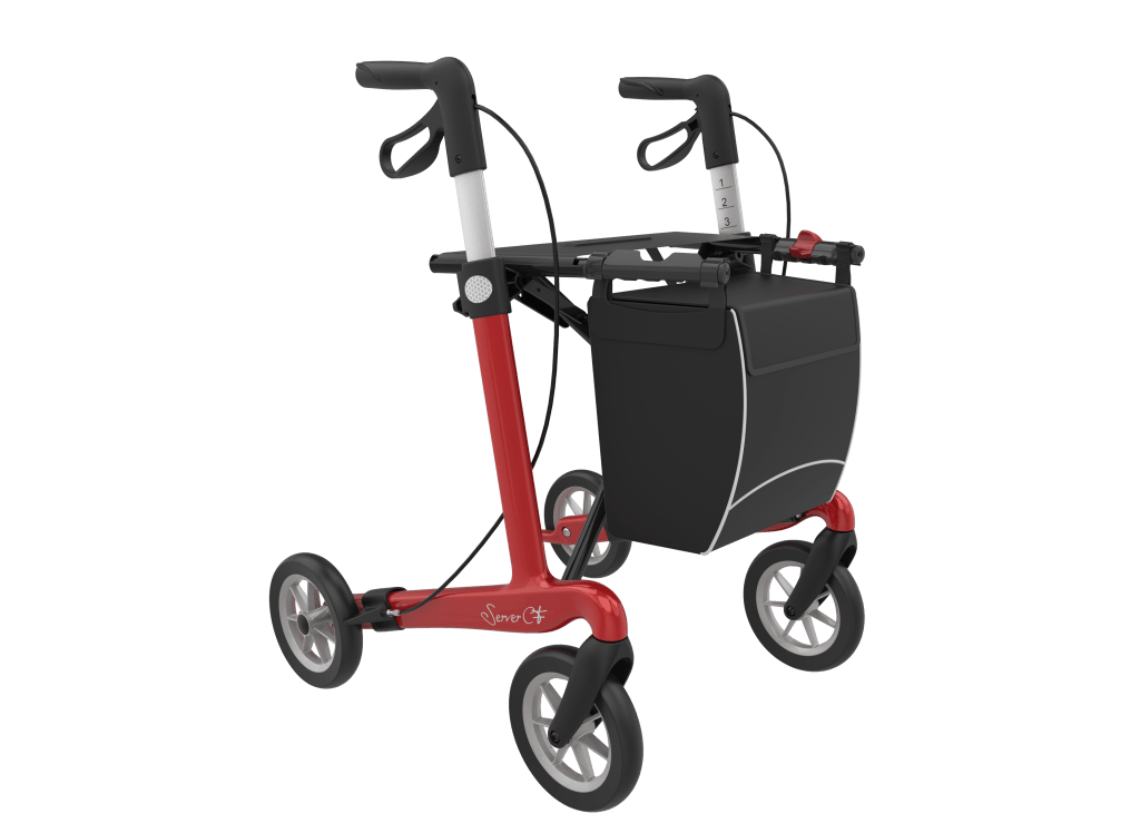 Superlichte Rehasense Server CF carbon rollator rood met zachte wielen en afneembare boodschappentas.