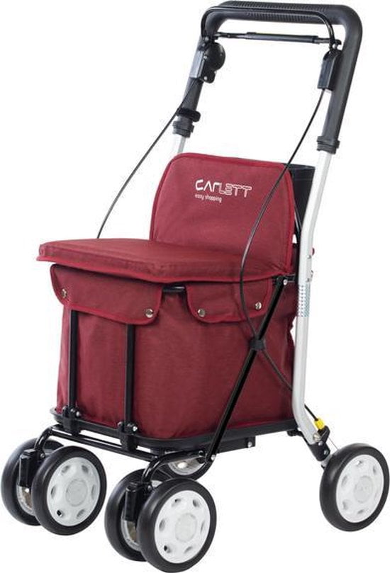 Carlett Lett800 rollator en boodschappenwagen ineen in bordeauxrood met vier dubbele wielen en zitting.