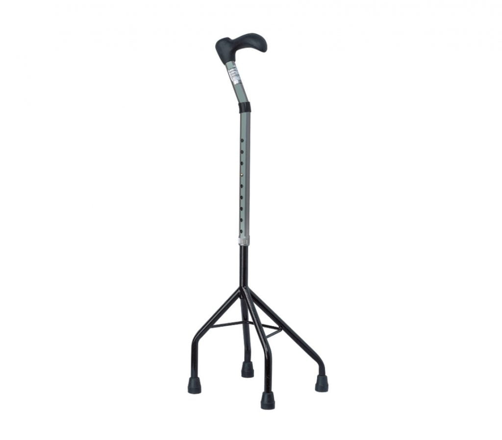 Vierpoot verstelbare wandelstok van staal met ergonomisch handvat, geschikt voor links- en rechtshandig gebruik.
