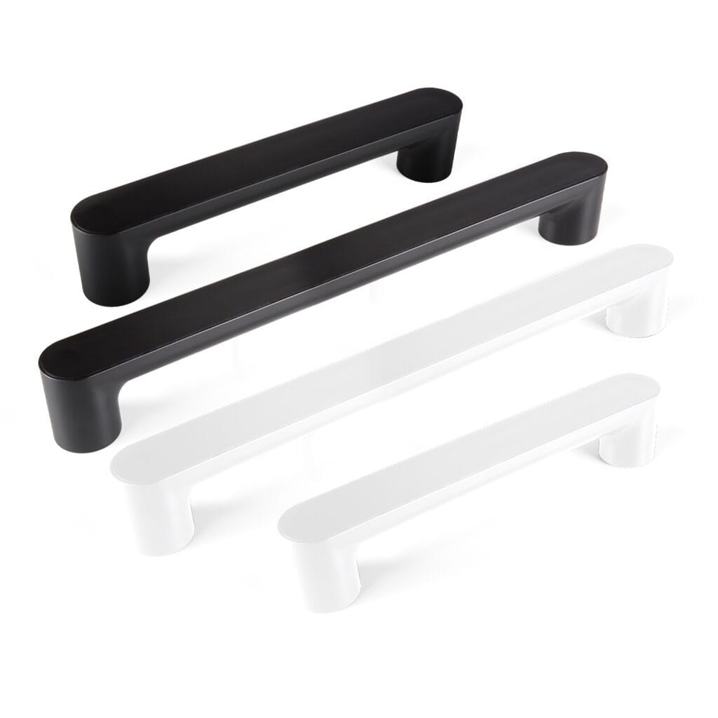 Zijaanzicht van Vitility ID Wandbeugel in Charcoal Black en Pearl White, 35 of 55 cm; slank design met afgeronde uiteinden.