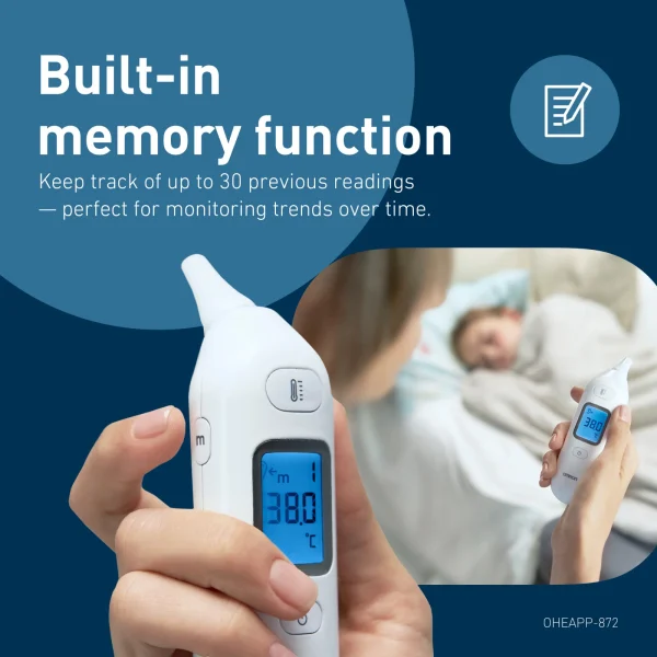Omron Gentle Temp 533 oorthermometer met geheugen voor 30 metingen, gebruikt bij ziek kind in bed